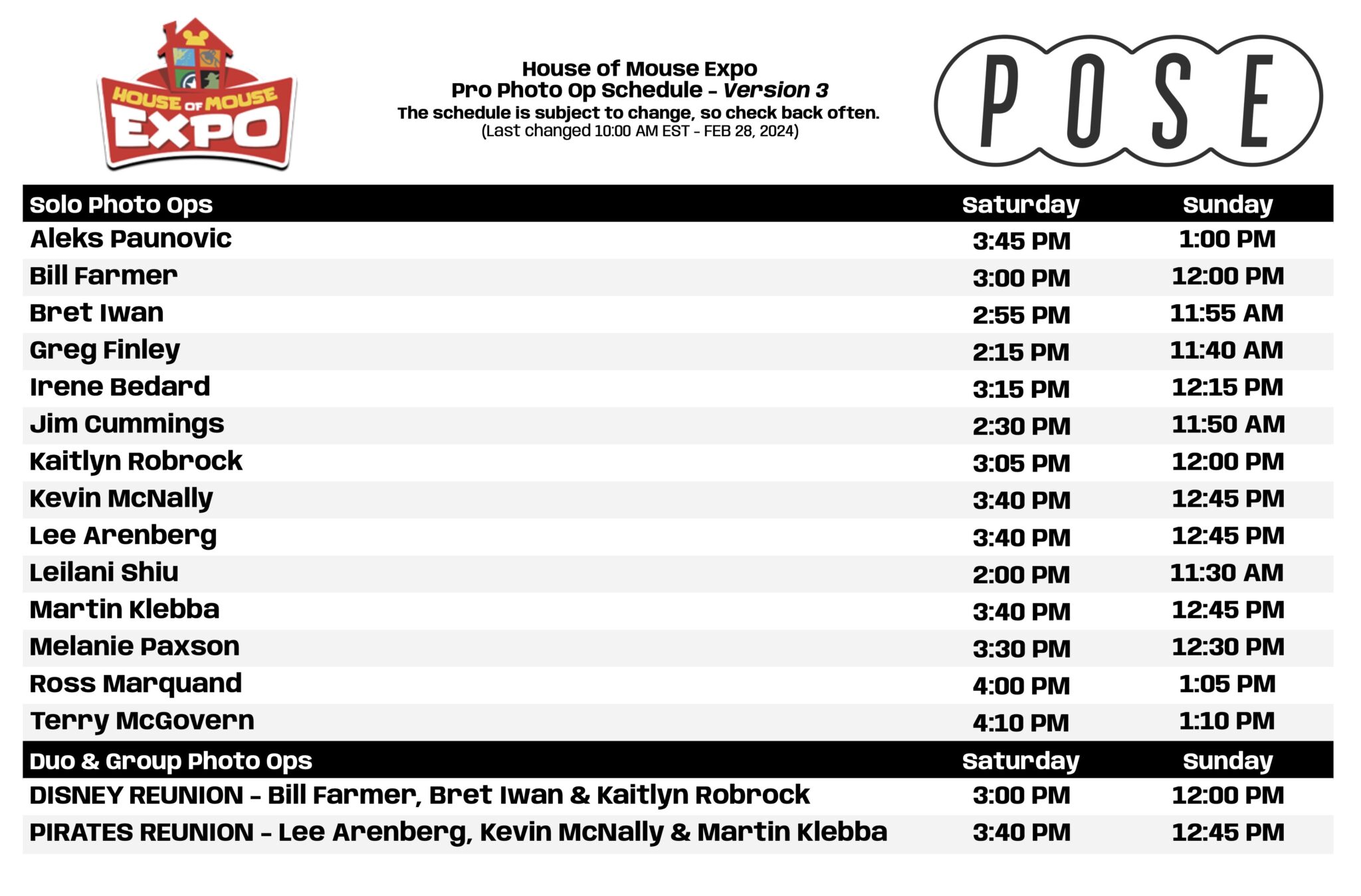 House of Mouse 2024 PHOTO OP SCHEDULE