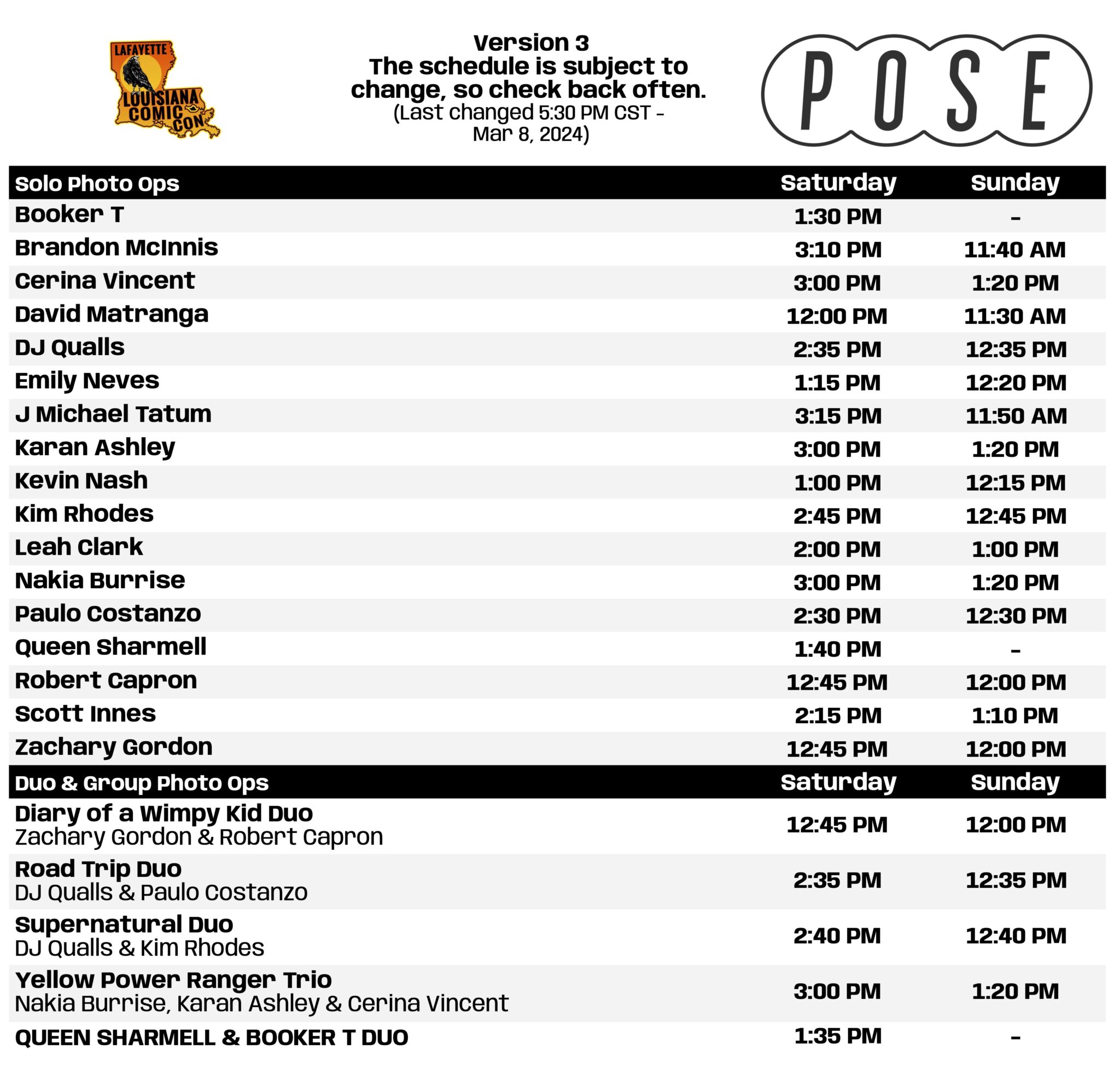 LOUISIANA COMIC CON 2024 PHOTO OP SCHEDULE